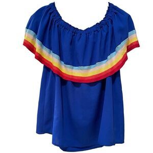 entro Blue Off-Shoulder Blouse with Rainbow Trim